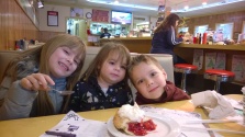 Isabella (7), Giuliana (1), and Lucas (6) enjoying cherry pie at Twedes Café in North Bend, WA